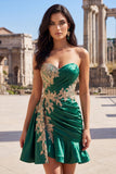 Dark Green Satin Bodycon Sweetheart Ruched Sequins Homecoming Dress with Sash