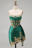Dark Green Satin Sweetheart Ruched Sequins Sheer Corset Homecoming Dress with Sash