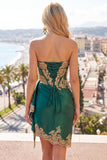 Dark Green Satin Sweetheart Ruched Sequins Sheer Corset Homecoming Dress with Sash