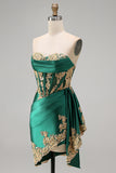 Dark Green Satin Sweetheart Ruched Sequins Sheer Corset Homecoming Dress with Sash