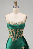 Dark Green Satin Sweetheart Ruched Sequins Sheer Corset Homecoming Dress with Sash