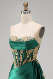 Dark Green Satin Sweetheart Ruched Sequins Sheer Corset Homecoming Dress with Sash