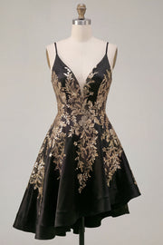 A-Line Black Satin Sequins Asymmetrical Cocktail Dress