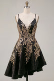 A-Line Black Satin Sequins Asymmetrical Homecoming Dress