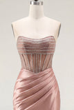 Sweetheart Blush Satin Ruched Sheer Corset Beaded Homecoming Dress with Slit