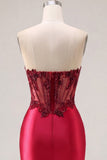Strapless Satin Burgundy Ruched Sheer Corset Beaded Homecoming Dress with Slit