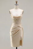 Champagne Sweetheart Satin Ruched Beaded Corset Homecoming Dress with Slit