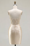 Champagne Sweetheart Satin Ruched Beaded Corset Homecoming Dress with Slit