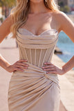 Champagne Sweetheart Satin Ruched Beaded Corset Homecoming Dress with Slit