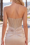 Champagne Sweetheart Satin Ruched Beaded Corset Homecoming Dress with Slit