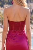 Burgundy Satin Ruched Beaded Sweetheart Sheer Corset Homecoming Dress with Slit