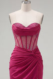Burgundy Satin Ruched Beaded Sweetheart Sheer Corset Homecoming Dress with Slit
