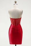 Red Satin Beaded Bodycon Sweetheart Sheer Corset Homecoming Dress