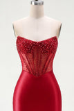 Red Satin Beaded Bodycon Sweetheart Sheer Corset Homecoming Dress