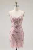 Blush Bodycon Halter Neck Sheer Corset Sequins Homecoming Dress