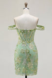 Green Off the Shoulder Bodycon Floral Sheer Corset Homecoming Dress