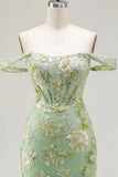 Green Off the Shoulder Bodycon Floral Sheer Corset Homecoming Dress
