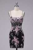Black Pink Flower Bodycon Sheer Corset Homecoming Dress