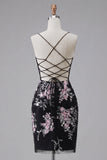 Black Pink Flower Bodycon Sheer Corset Homecoming Dress