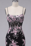 Black Pink Flower Bodycon Sheer Corset Homecoming Dress