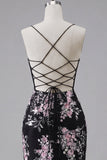 Black Pink Flower Bodycon Sheer Corset Homecoming Dress