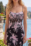 Black Pink Flower Bodycon Sheer Corset Homecoming Dress
