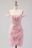 Off the Shoulder Blush Bodycon Sheer Corset Sequins Homecoming Dress