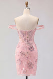 Off the Shoulder Blush Bodycon Sheer Corset Sequins Homecoming Dress