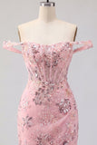 Off the Shoulder Blush Bodycon Sheer Corset Sequins Homecoming Dress