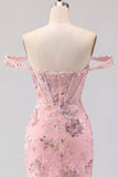 Off the Shoulder Blush Bodycon Sheer Corset Sequins Homecoming Dress