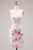 White Fuchsia Flower Sweetheart Bodycon Sheer Corset Homecoming Dress