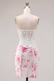 White Fuchsia Flower Sweetheart Bodycon Sheer Corset Homecoming Dress