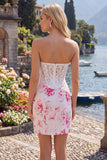 White Fuchsia Flower Sweetheart Bodycon Sheer Corset Homecoming Dress