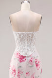 White Fuchsia Flower Sweetheart Bodycon Sheer Corset Homecoming Dress