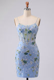 Blue Bodycon Embroidered Floral Sheer Corset Homecoming Dress