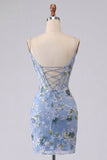 Blue Bodycon Embroidered Floral Sheer Corset Homecoming Dress
