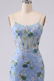 Blue Bodycon Embroidered Floral Sheer Corset Homecoming Dress