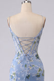 Blue Bodycon Embroidered Floral Sheer Corset Homecoming Dress