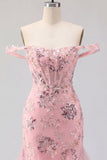 Blush Off the Shoulder Bodycon Floral Sheer Corset Sequins Homecoming Dress with Ruffles