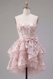 Pink A-Line Sweetheart Corset Floral Homecoming Dress with Bow