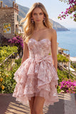Pink A-Line Sweetheart Corset Floral Homecoming Dress with Bow