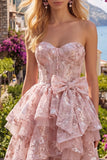 Pink A-Line Sweetheart Corset Floral Homecoming Dress with Bow