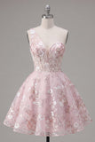 Pink A-Line One Shoulder Floral Homecoming Dress