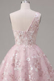 Pink A-Line One Shoulder Floral Homecoming Dress