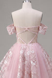 Off the Shoulder Pink A-Line Sheer Corset Floral Homecoming Dress