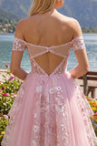 Off the Shoulder Pink A-Line Sheer Corset Floral Homecoming Dress