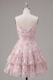 Pink A-Line Ruched Spaghetti Straps Floral Homecoming Dress