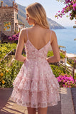 Pink A-Line Ruched Spaghetti Straps Floral Homecoming Dress