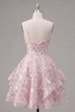 A-Line Pink Spaghetti Straps Corset Floral Homecoming Dress