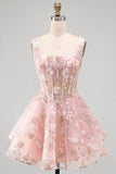 A-Line Pink Square Neck Corset Floral Short Formal Dress